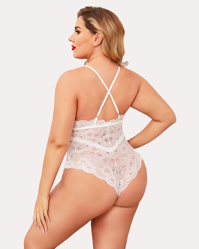 White lace bodysuit teddy with crisscross back straps and snap crotch brief cut.