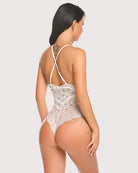 Lace bodysuit teddy with strappy back, white lace fabric and deep V front