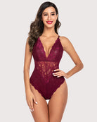 Burgundy lace deep-V bodysuit with sheer lace panels and thong-style bottom