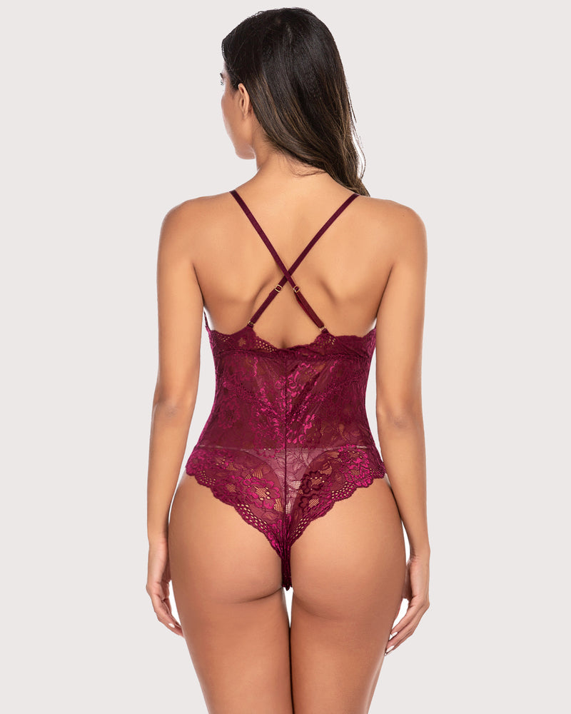 Burgundy lace bodysuit back view with crisscross straps and thong coverage