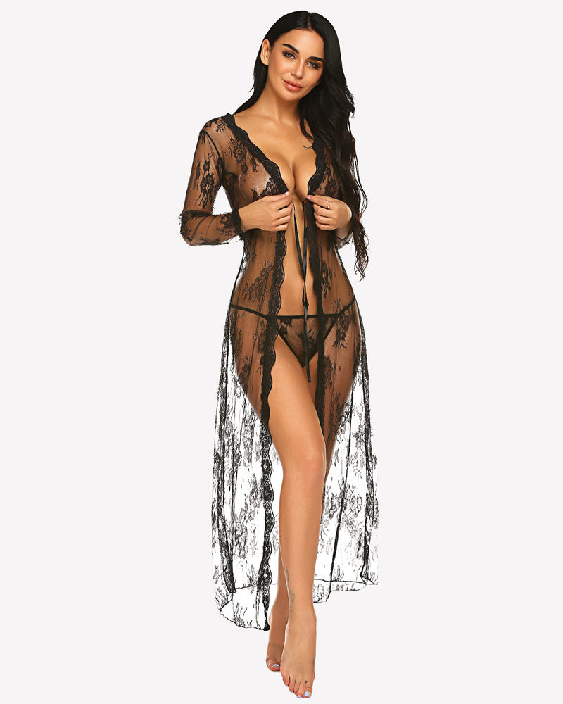 Sheer lace robe with floral pattern, long sleeves, tie-front bodice, black