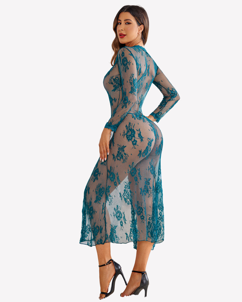 Teal sheer lace robe gown with long sleeves and back cutout, midi length