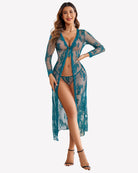 Teal sheer lace robe gown with long sleeves, tie-front V-neck, and thigh-high slit