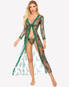 Sheer lace robe with floral pattern, long sleeves, tie-front bodice, green