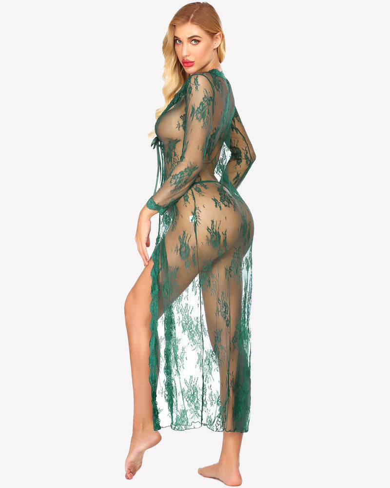 Sheer lace robe with floral pattern, long sleeves, tie-front bodice, green