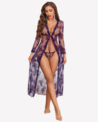 Purple sheer lace robe gown with long sleeves, deep V-neck, and open front