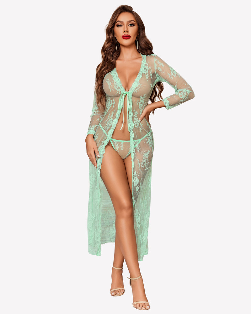 Light mint sheer lace robe gown with long sleeves, V-neck tie front, mid-calf length