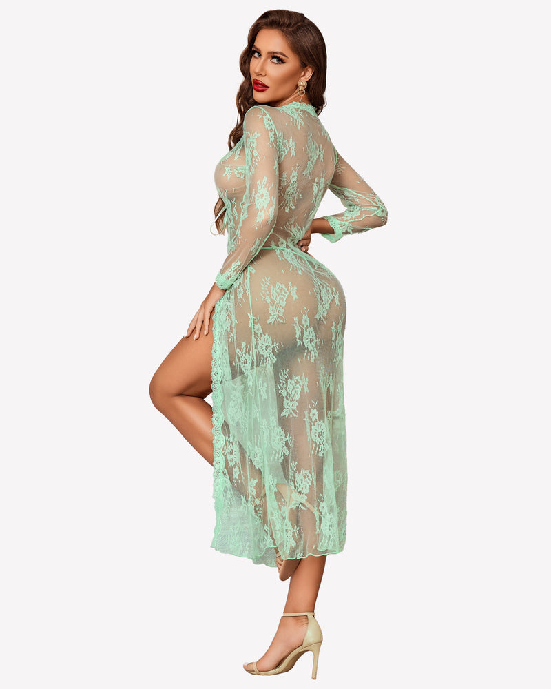 Mint sheer lace robe gown with long sleeves and open back, high-leg slit