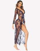 Sheer lace robe with floral pattern, long sleeves, tie-front bodice, navy blue