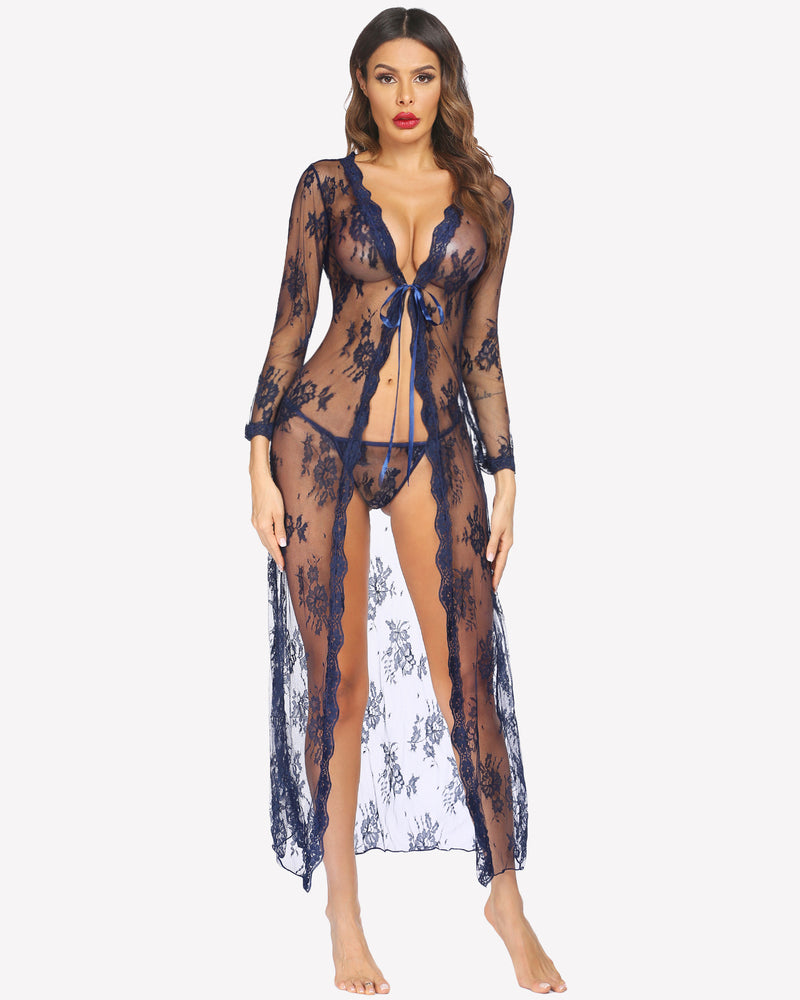 Blue lace bridal robe with long sleeves, tie-front, sheer floral overlay, open back