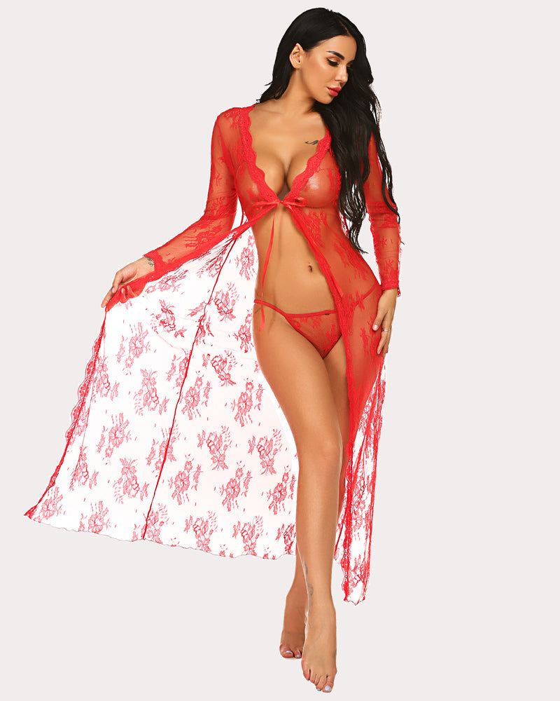 Red lace bridal robe with long sleeves, tie-front, sheer floral mesh, wide flowing drape