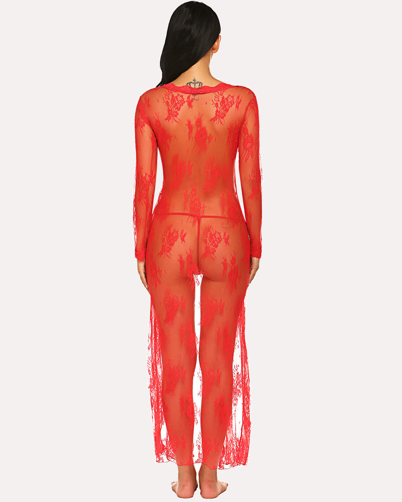 Red lace bridal robe, sheer back and long sleeves with floral lace pattern