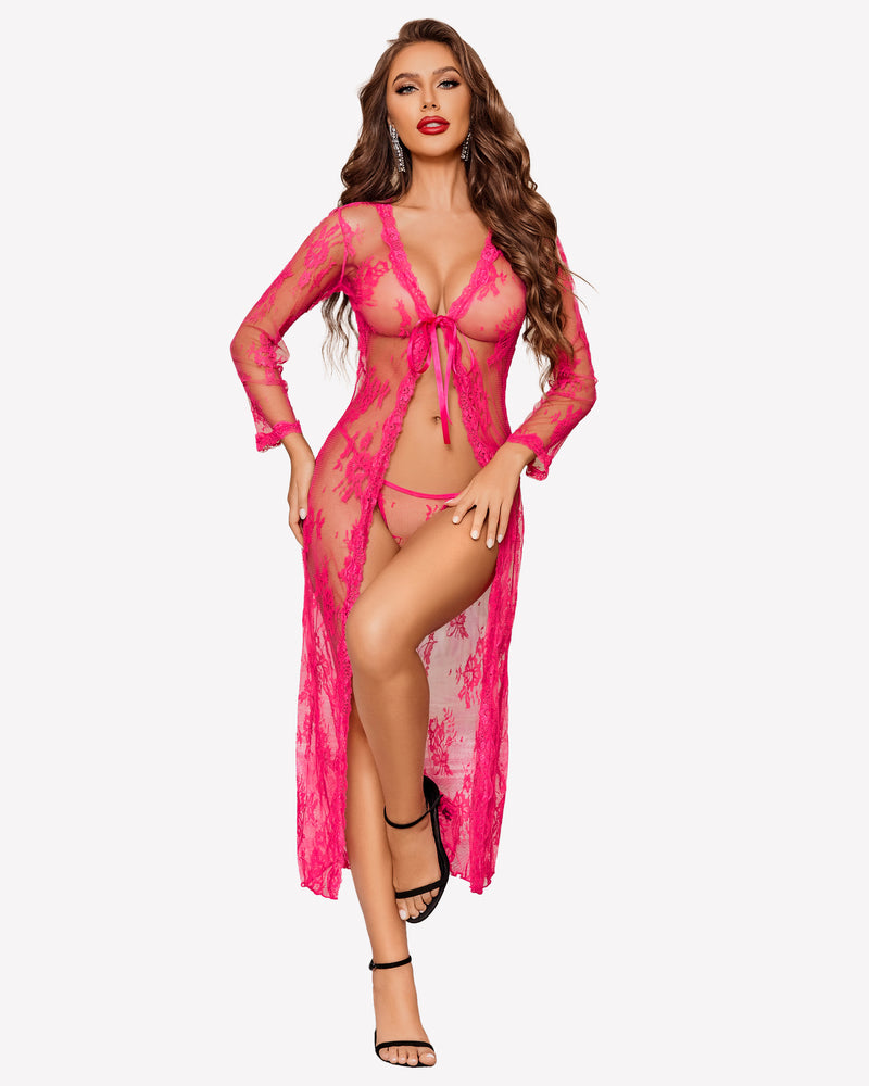 Hot pink sheer lace robe gown with long sleeves, tie-front bra, and open front slit