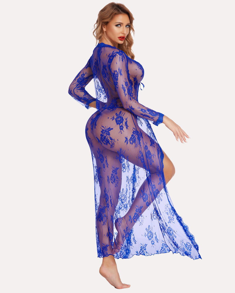 Blue lace bridal robe with long sleeves, sheer floral mesh, tie-front and flowing hem