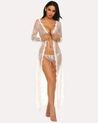 White lace bridal robe with long sleeves, V-neck tie-front, sheer floral mesh cover-up