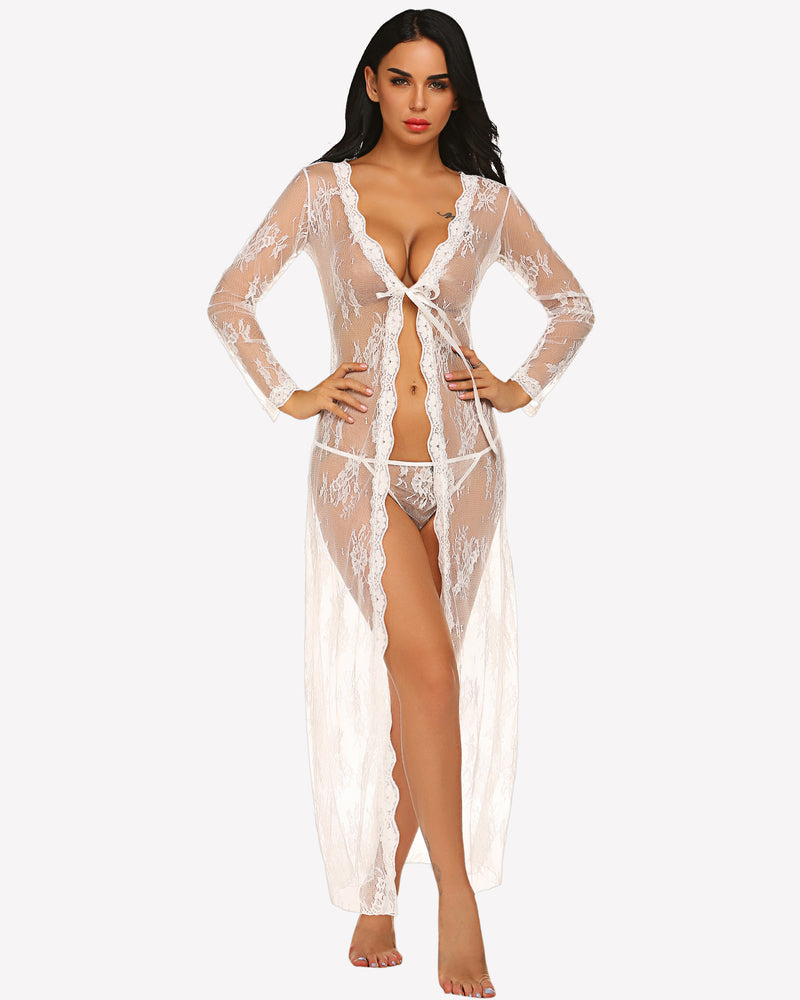 White lace bridal robe with long sleeves, V-neck tie-front, sheer floral lace open cover-up