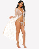 White lace bridal robe with long sleeves, V-neck tie-front, sheer lace and flowing drape