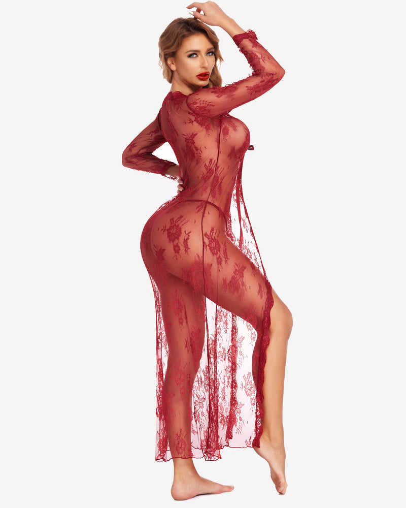 Sheer lace robe with floral print, long sleeves, tie-front bodice, deep red