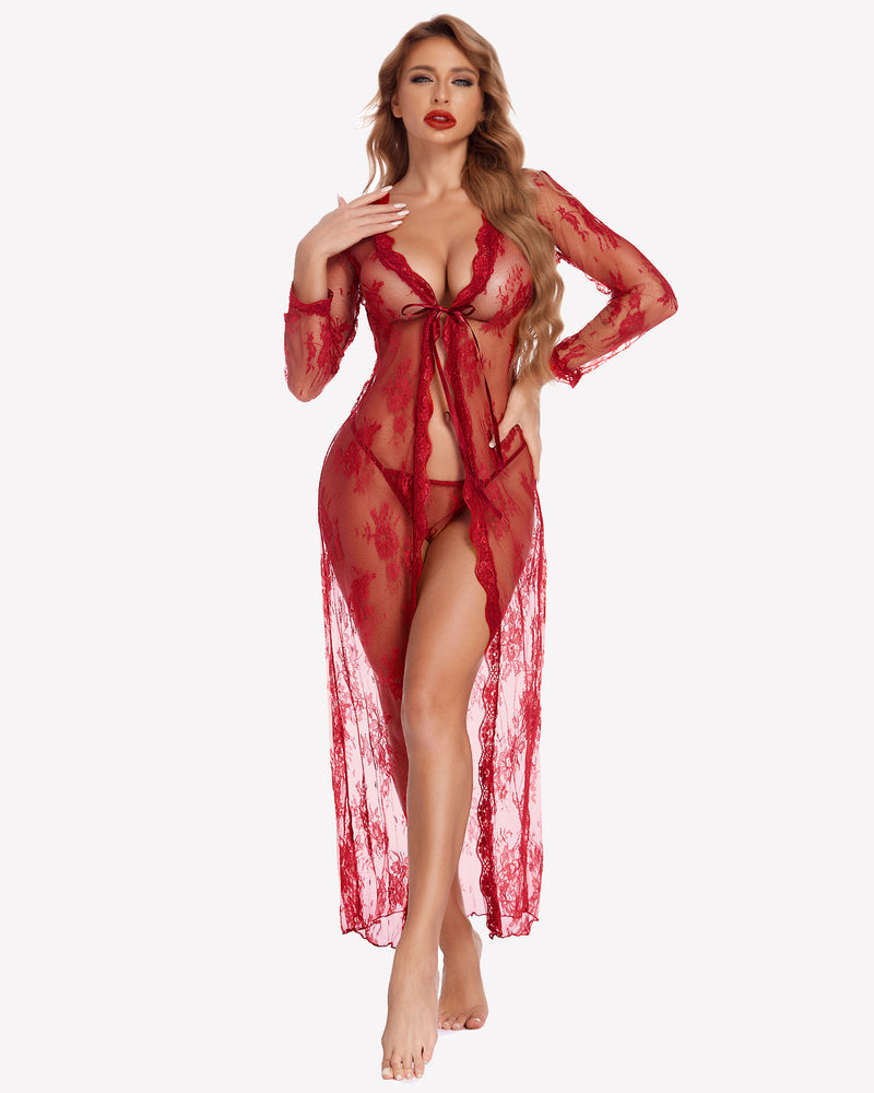 Sheer lace robe with floral pattern, long sleeves, tie-front bodice, dark red