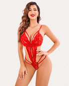 Red Deep V lace bodysuit teddy with plunge neckline and strappy lace cutout.