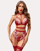 Lace bra and panty set in deep red with white lace, garter straps and stockings