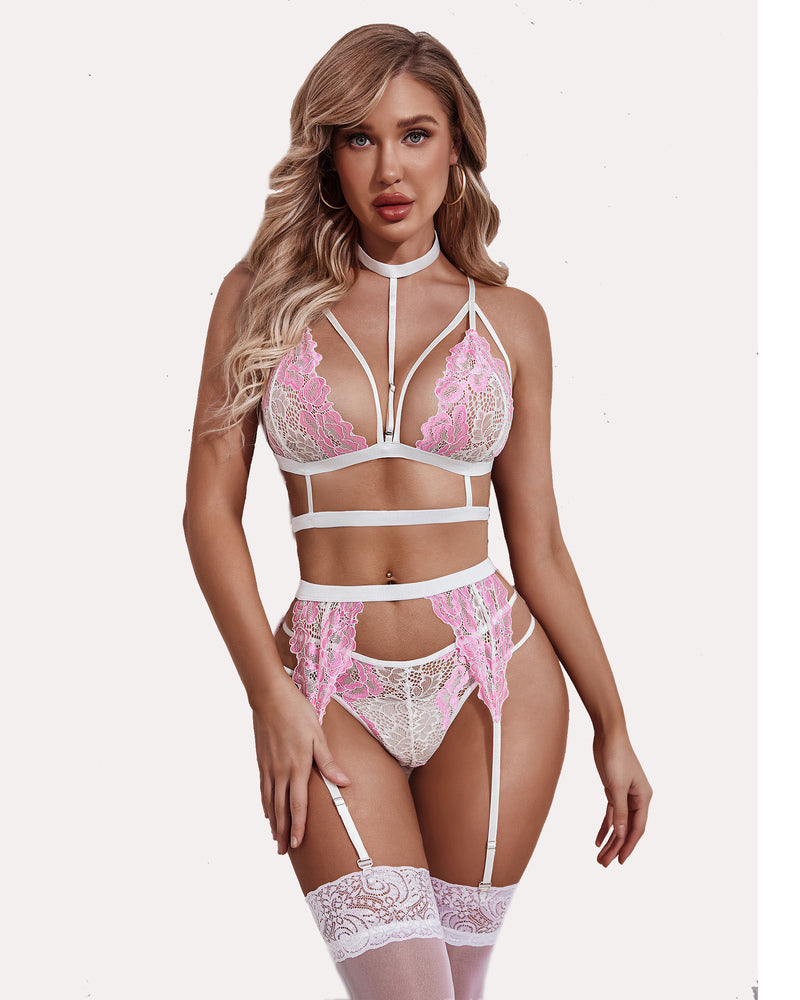 Lace bra and panty set in white and light pink with garter stockings and choker
