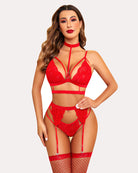 Red lace bralette and panty set with strappy garters and sheer mesh details