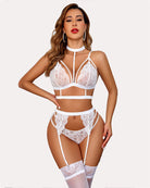 White lace bra and panty set with strappy garter-style details