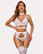 White lace garter set with choker bra, garter straps, and lace panty