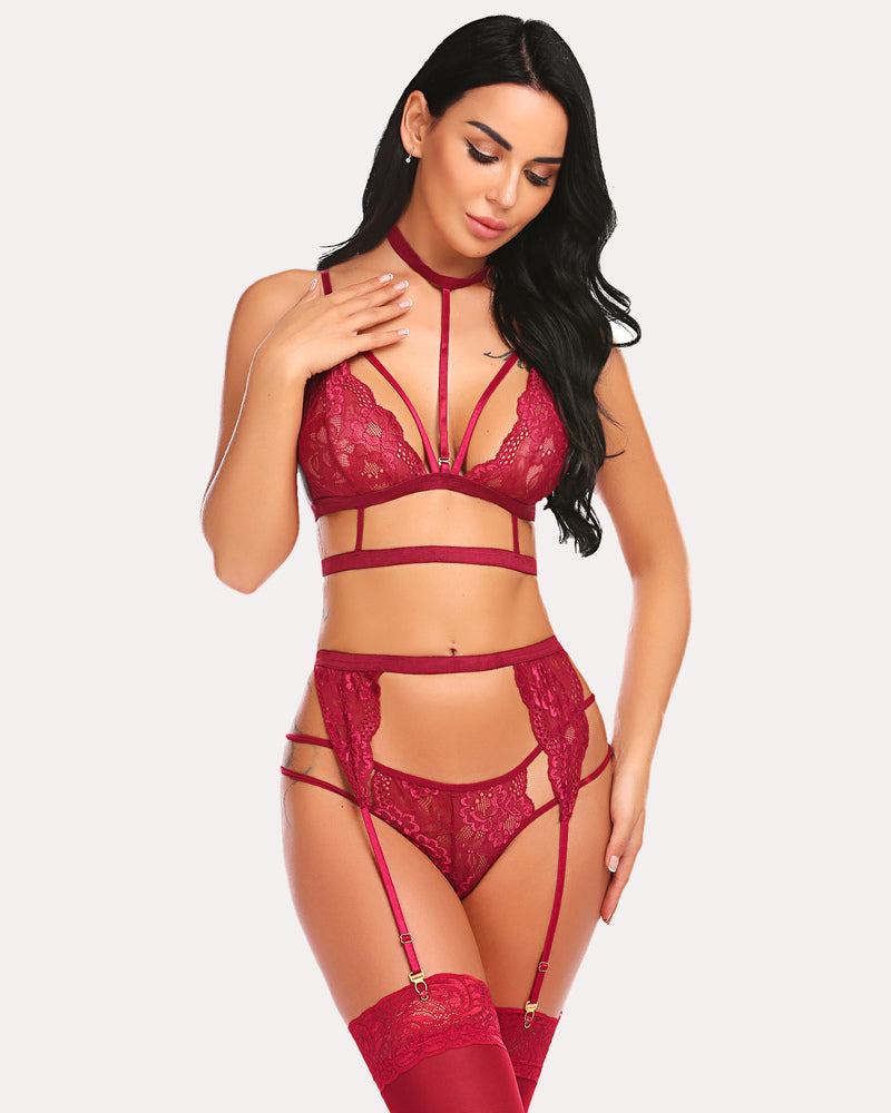 Lace garter set with choker bra, lace panty, garter straps, and thigh-high stockings in red