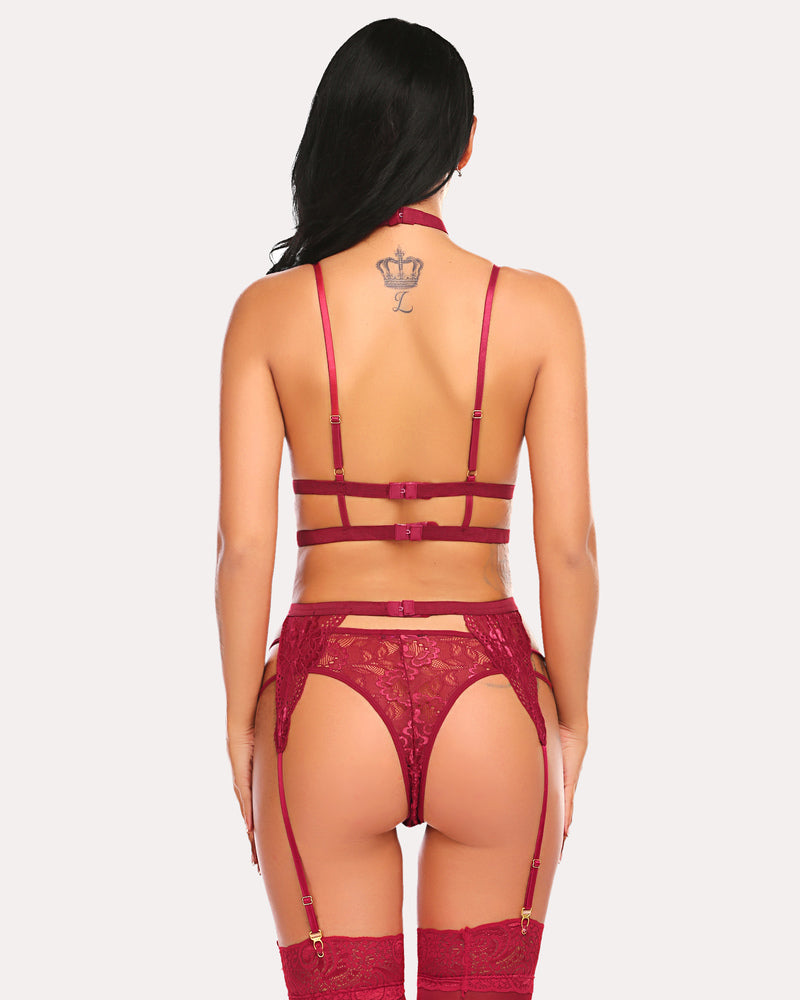 Lace garter set with choker bra and lace panty, with garter straps and thigh-high bands in burgundy
