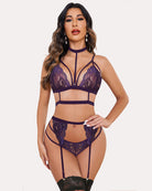 Lace bra and panty set with garter straps, dark purple with matching trim