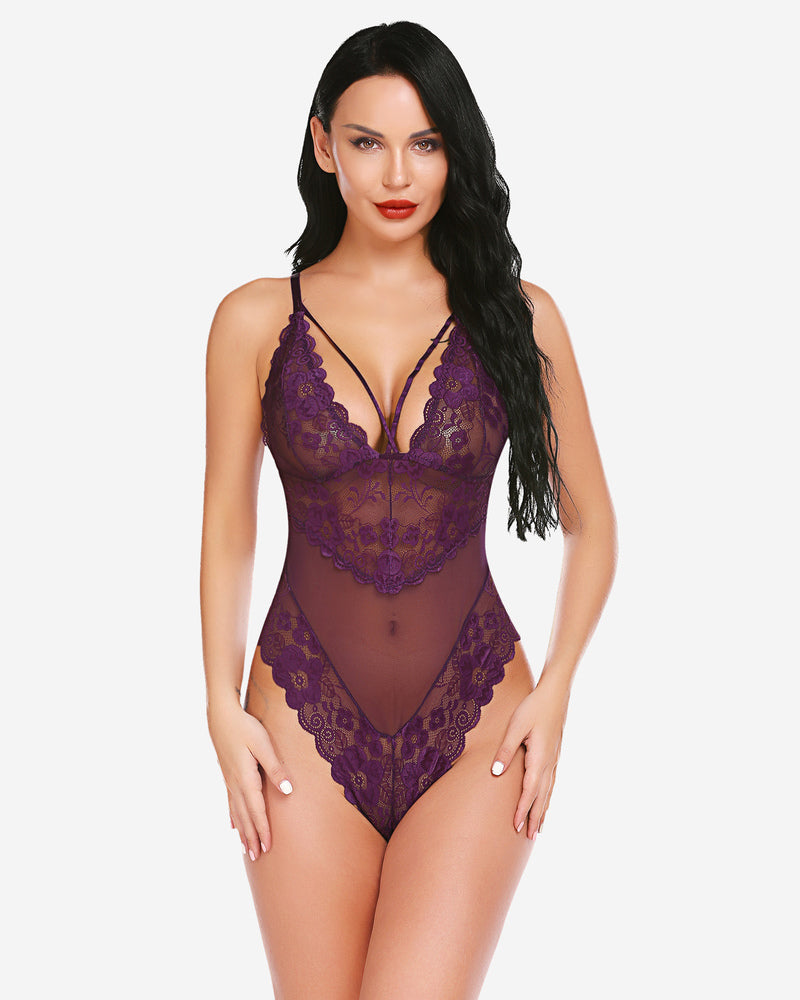 Plus-size lace snap-crotch bodysuit, purple sheer lace with adjustable shoulder straps