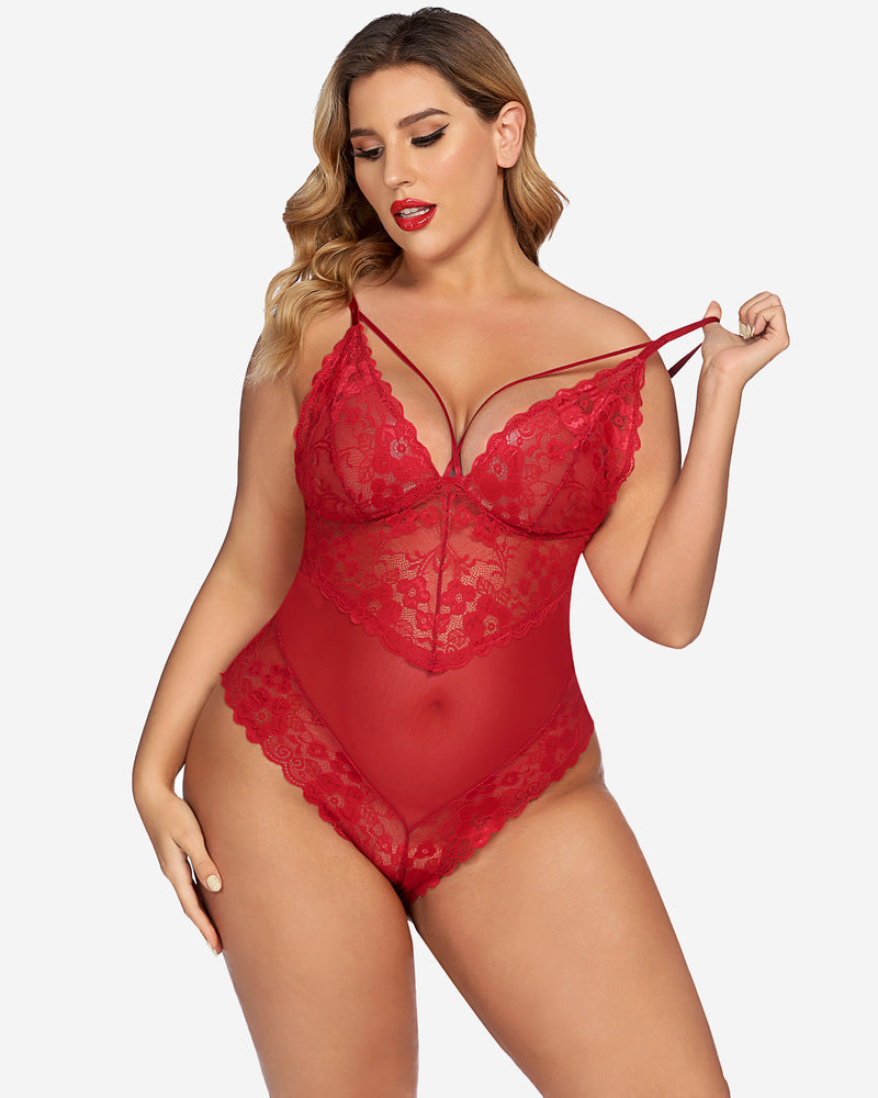 Red lace teddy one-piece with lace cups and scalloped V-front hem