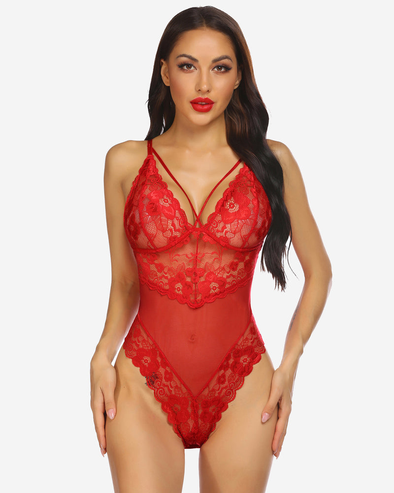 Red lace one-piece mini bodysuit with cross-front straps and high-cut lace legs