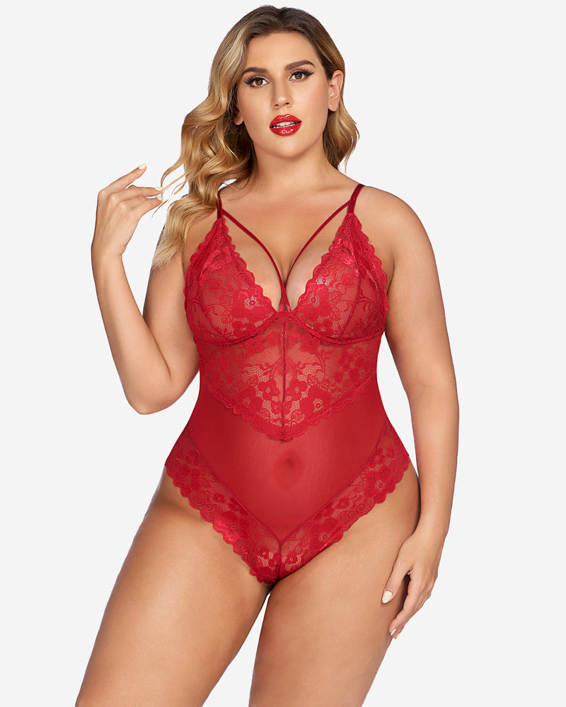 Red lace one-piece mini bodysuit with V-front cups and scalloped lace leg openings