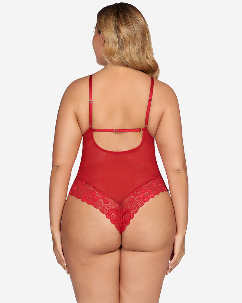 Red lace one-piece mini bodysuit from back with thin straps and lace-trim bottom