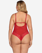 Red lace one-piece mini bodysuit from back with thin straps and lace-trim bottom