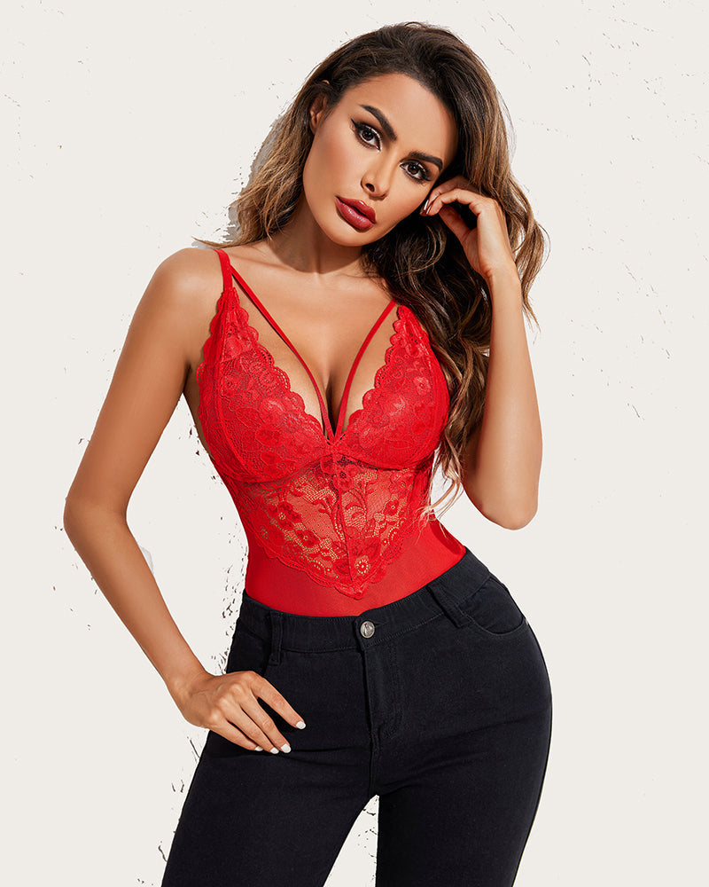 Red lace mini bodysuit with plunging V neckline and thin shoulder straps