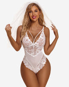White lace one-piece mini bodysuit with triangle cups and thin spaghetti straps