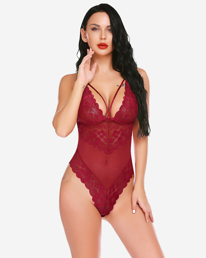 Wine red lace one-piece mini bodysuit with plunging V neckline and scalloped trim