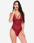 Wine red lace one-piece mini bodysuit with plunging V neckline and scalloped trim