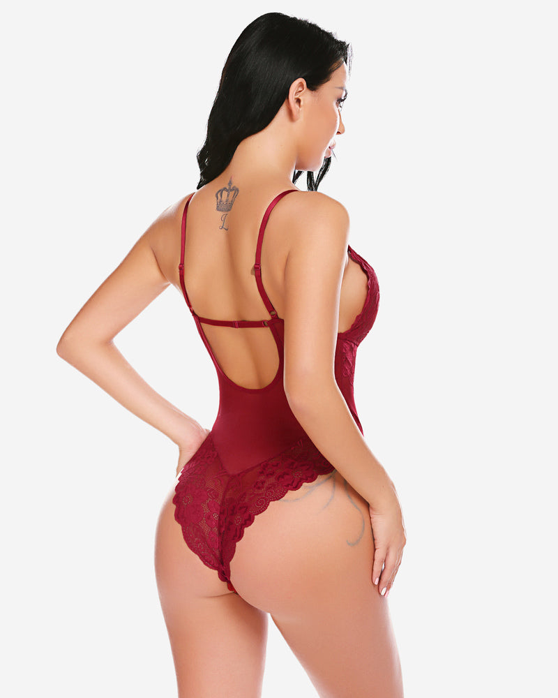 Wine red lace one-piece mini bodysuit from back with open mid-back and lace leg hem