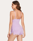 Lace pajama lounge set with camisole and shorts, lavender purple with lace back straps