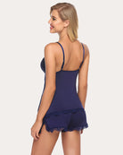 Lace pajama lounge set with camisole and shorts, navy blue with lace back straps