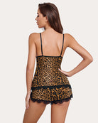 Leopard print lace camisole romper set, black lace straps and leopard back panel