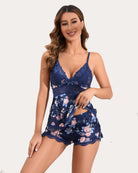 Blue floral lace cami and shorts pajama set with spaghetti straps and scalloped edges