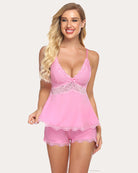 Lace pajama lounge set with camisole and shorts, pink with lace V-neck and trim