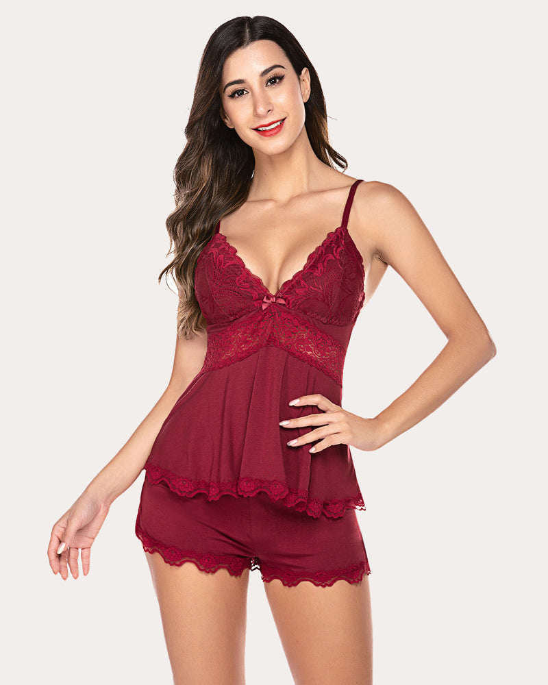 Wine red lace pajama lounge set with sweetheart lace cups and matching shorts