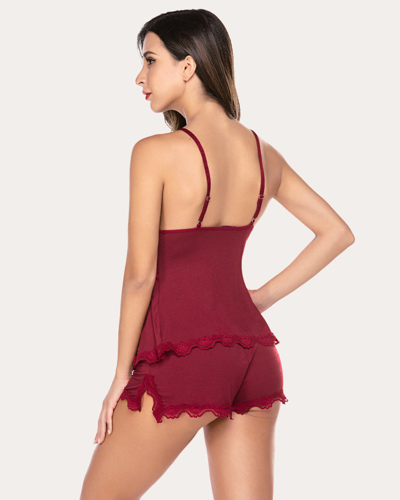 Wine red lace pajama lounge set with open-back straps and scalloped hem shorts